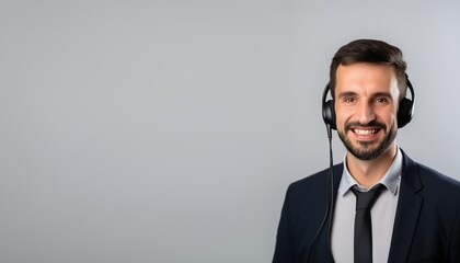 Smiling man in a suit with headphones, standing against a plain grey background.
