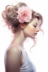 Naklejka premium A woman with a loose updo hairstyle adorned with a large pink flower, wearing a white sleeveless top, set against a white background