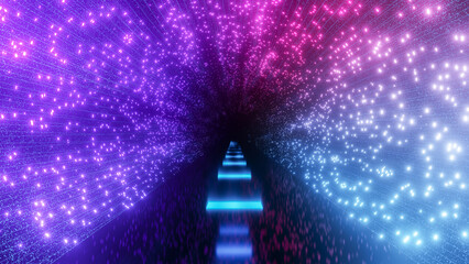 A Bright Futuristic Tunnel With Mystical Sparkles And Lights. Fantasy Scene Without People. Magical Futuristic 80s Old Style. Modern Design For Banners, Projects. Three-Dimensional Illustration