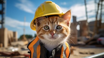 A cute orange and white kitten wearing a yellow hard hat and safety vest at a construction site
