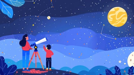 Naklejka premium Kids using telescope to explore the night sky.