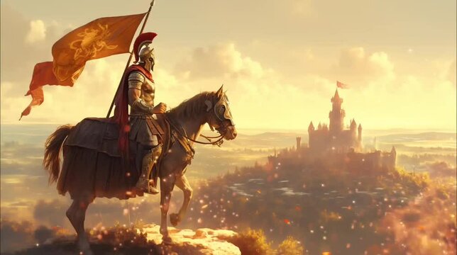 Spartan warrior with flag on horseback on castle background. Seamless looping time-lapse 4k video animation background