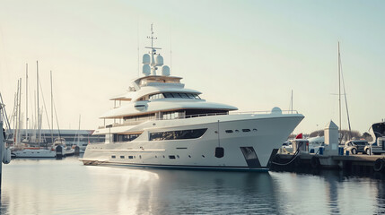 A luxurious sports yacht docked in a marina with scenic mountainous backdrop.