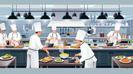 Chefs working in a busy kitchen preparing food.