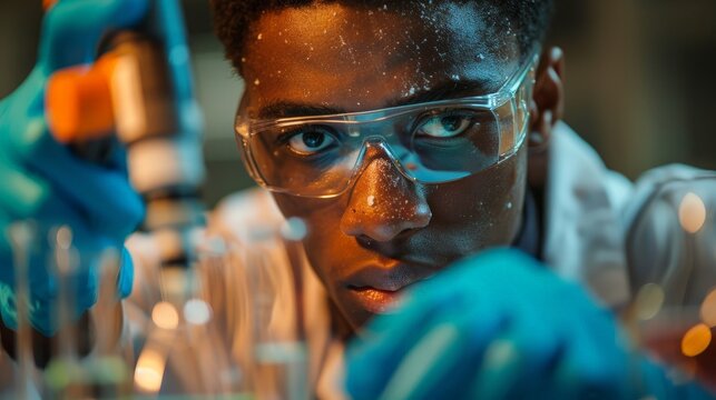 A student performing a science experiment, focused and precise