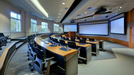 Business seminar room with a high-tech podium and digital screens