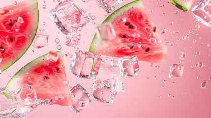 Fresh watermelon slices and ice cubes floating in water against a pink background.