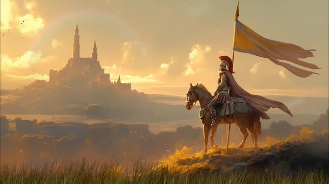 Spartan warrior with horse and flag on castle background. Seamless looping time-lapse 4k video animation background