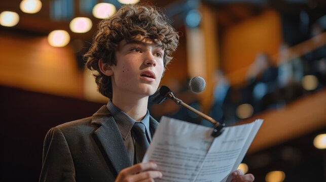 A student practicing a speech for a school competition, focused and rehearsing