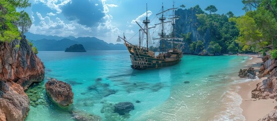 Pirate Ship Anchored in a Tropical Bay