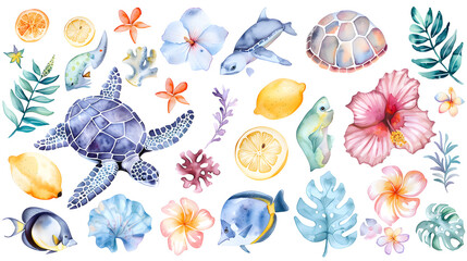 Watercolor sticker sheet featuring cute sea life, flowers, and leaves