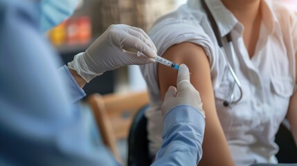 Fototapeta premium Close-up of a doctor giving a patient a vaccine injection.