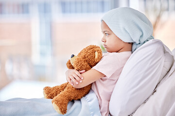 Teddy bear, sick and child in bed at hospital in recovery with chemotherapy treatment for cancer....