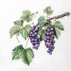 Fototapeta premium Detailed botanical illustration of grape clusters on a vine with leaves.