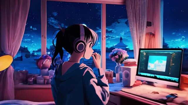 An anime girl sitting in a cozy bedroom in front of a computer