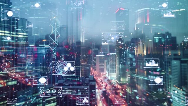 Concept of business professionals working together in a high-tech urban environment