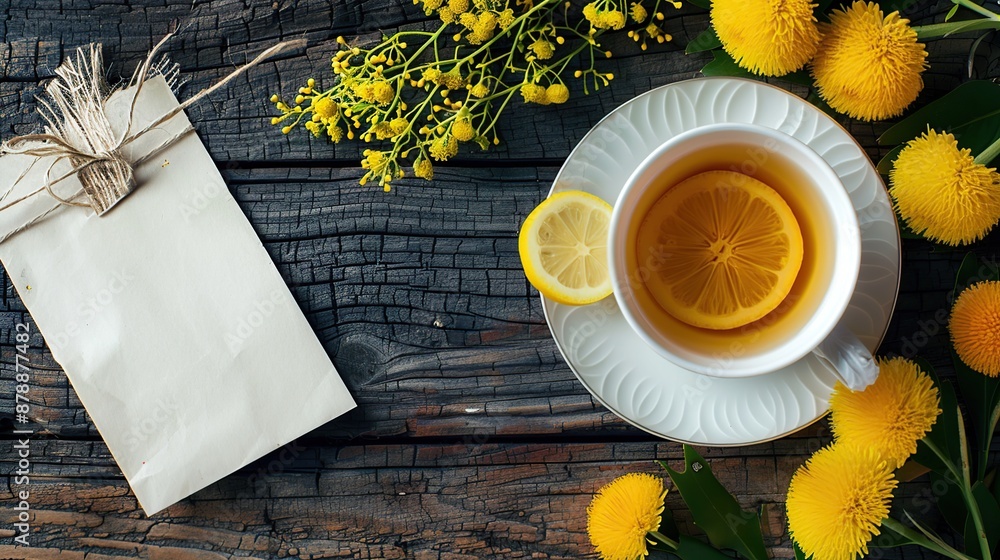 Wall mural a cup of lemon tea on a wooden table