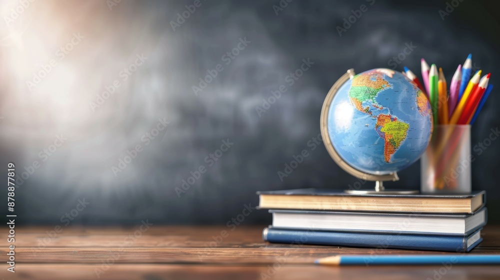 Poster a globe sits on top of a stack of books and a pencil