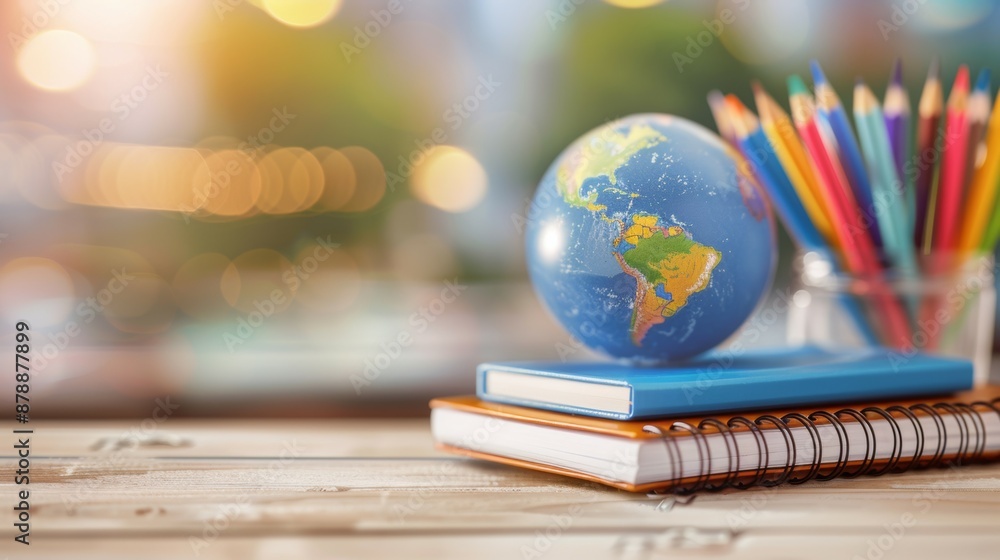Poster a globe sits on top of a stack of books and a pencil case