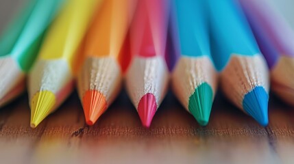 A row of colored pencils are lined up on a wooden surface