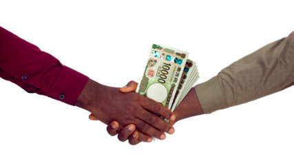 Two black hands in long sleeve shirts Shaking each other and Receiving Japanese yen notes over transparent Background
