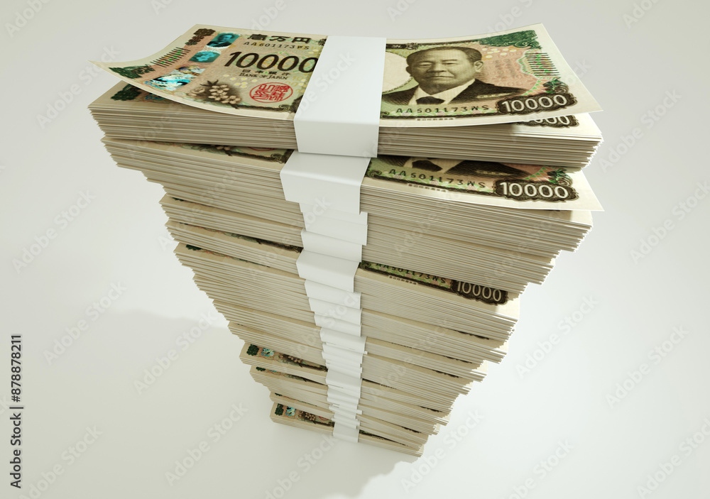Poster 3d rendering of stacks of 10000 japanese yen notes arranged in a long single column. 3d rendering of