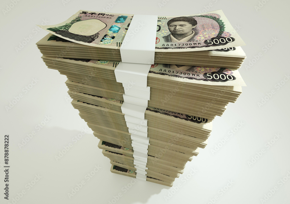 Poster 3d rendering of stacks of 5000 japanese yen notes arranged in a long single column. 3d rendering of 