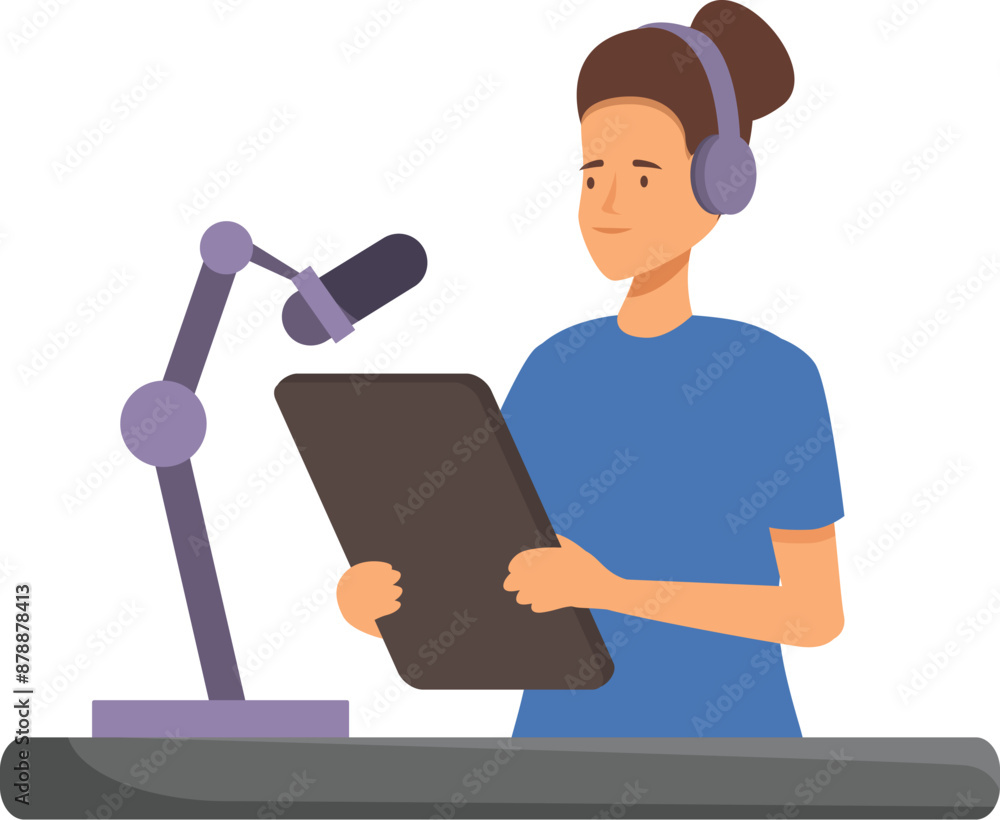 Poster radio host is recording a podcast using a digital tablet and studio microphone
