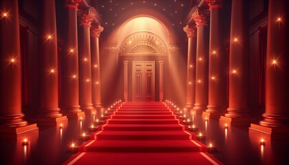 Obraz premium Red carpet entrance to an opulent hall with golden columns and bright lights