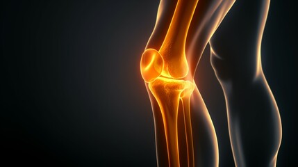 A knee is shown in a black background with red bone