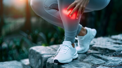 A woman with a red leg injury is wearing white sneakers