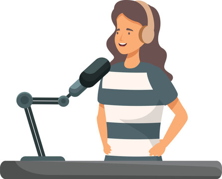 recommend clip art: Smiling female radio host wearing headphones is speaking into a microphone in a recording studio