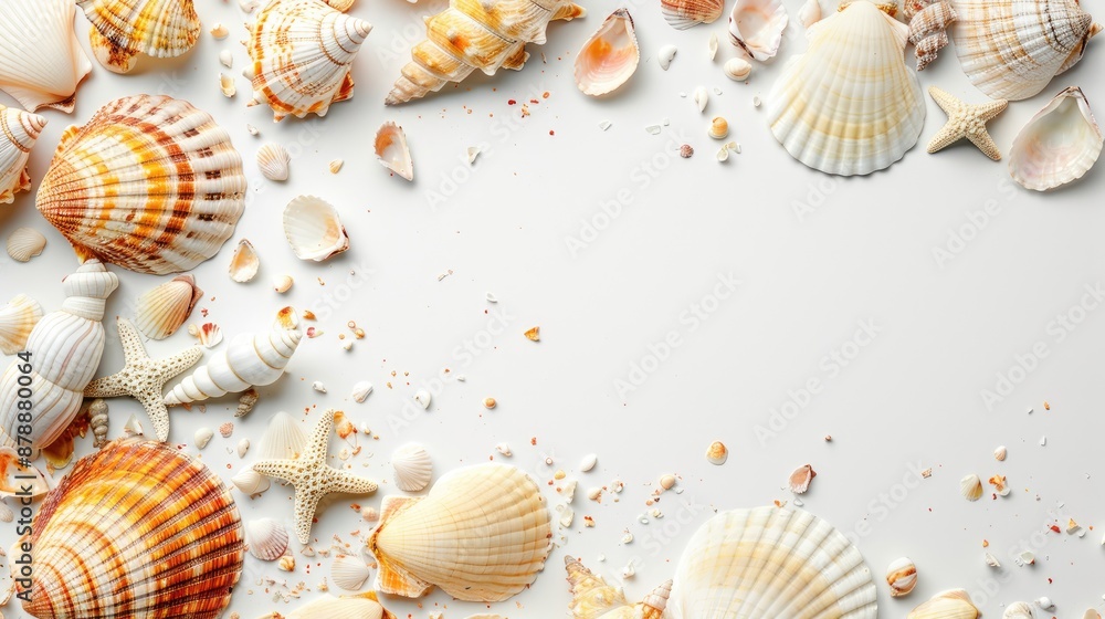 Poster top view of isolated seashells with white space in the image