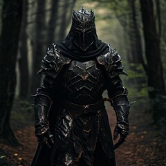 scary black knight walking down a forest path