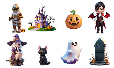 Set of halloween icons. White background. Generative AI