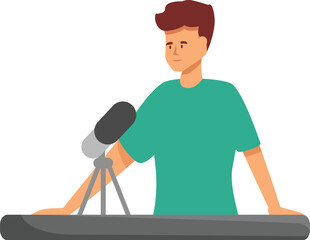 Male radio host recording a podcast in studio, speaking into a microphone