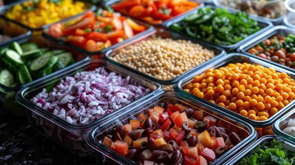 Obraz premium A colorful array of fresh vegetables and grains in glass containers, ideal for healthy meal preparation and vibrant culinary presentations.