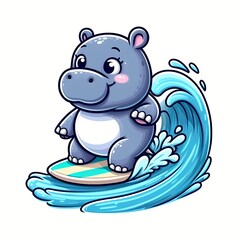 Obraz premium Cute hippo Surfing On Wave Cartoon Vector Icon Illustration