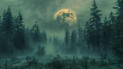 Eerie forest landscape with dense fog and a glowing full moon casting a haunting light through the tall pine trees at night.
