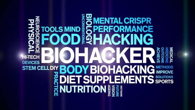 Biohacker animated word cloud;text design animation tag kinetic typography seamless loop.