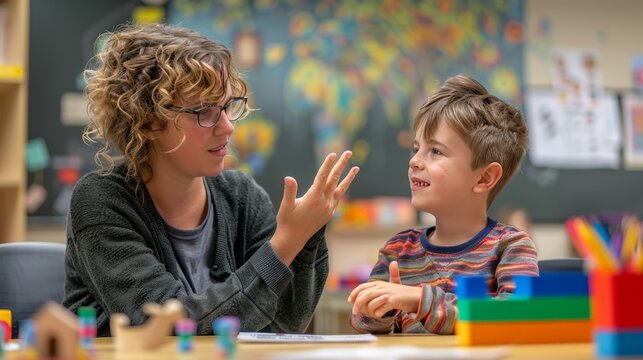 A teacher and student using sign language in a special education setting