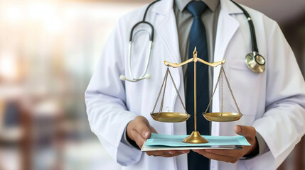 Doctor Holding Justice Scales, Concept of Medical Ethics and Law in Healthcare, Symbolizing Balance and Responsibility
