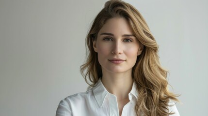 Fototapeta premium Fashionable woman in white shirt with crossed arms standing in front of white background