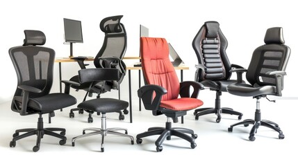A variety of ergonomic office chairs and desks for home use