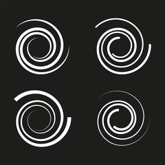 Abstract spiral shapes. White spirals on black. Circular swirl design. Vector illustration.