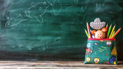 A playful pencil case decorated with cartoon characters, on a childa??s study table, with a classic green blackboard behind featuring ample copy space in the bottom right corner