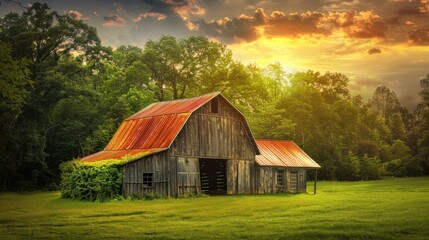 Obraz premium Rustic barn at sunset with lush green field.