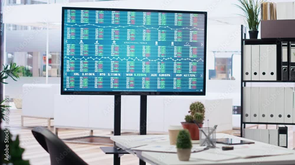 Poster stock exchange indices on screen in empty financial department office used for forecasting and analy