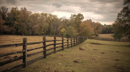 Obraz premium Rustic wooden fence winding through a field in the countryside, with trees and cloudy sky in the background.
