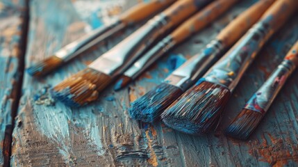 Fototapeta premium Close up of a line of vintage paintbrushes on aged wooden table in retro style